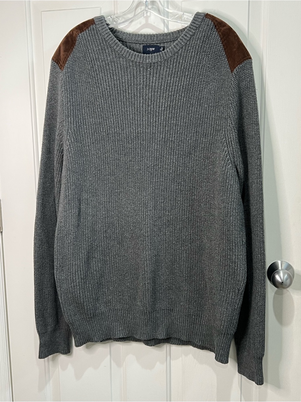 Gray men’s knit sweater by J Crew Factory cotton brown faux suede at shoulder XL